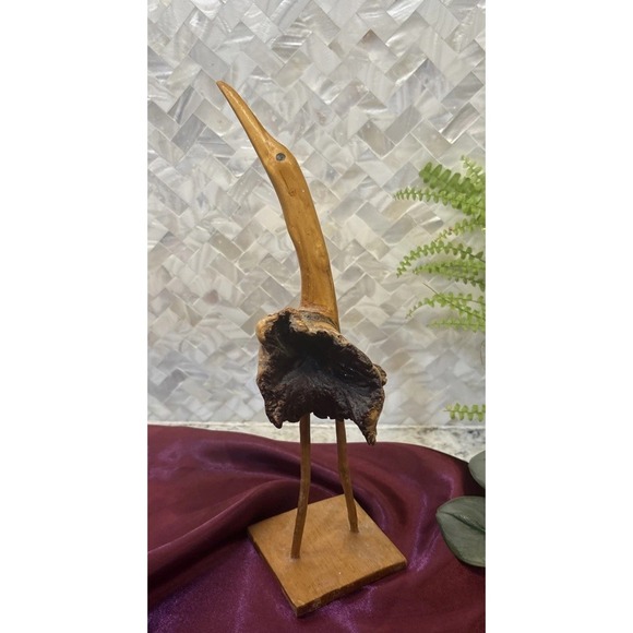Wood bird figurine, burl‎ wood sculpture, wooden stork or crane figure - Picture 2 of 13